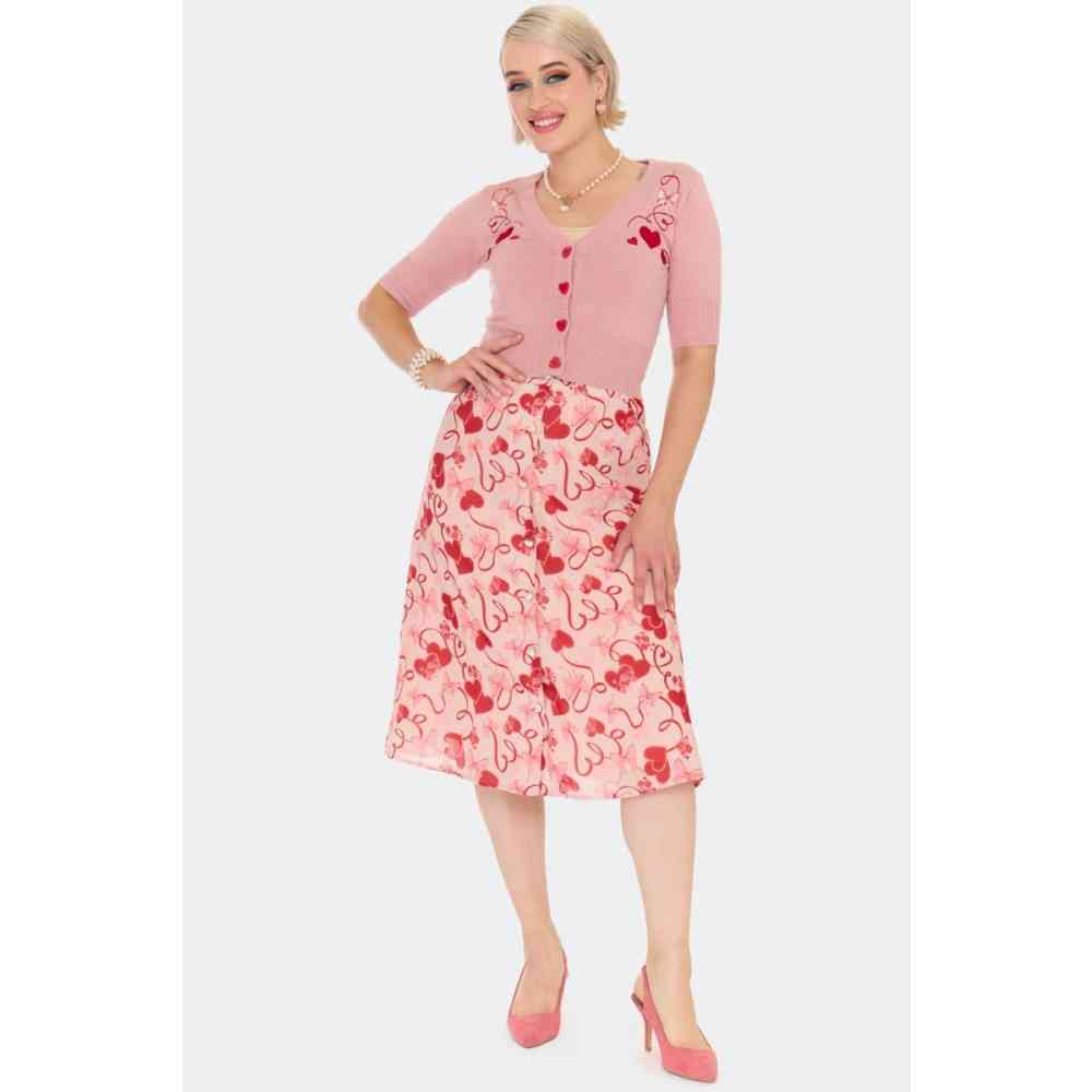 Voodoo Vixen - Heart And Ribbon Embroidered Cardigan - Roze